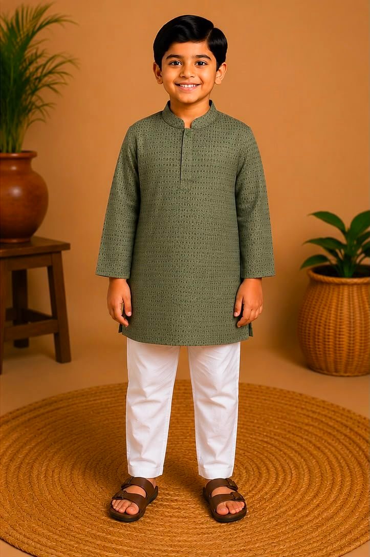 Boys Sage Green Textured Kurta & Pants