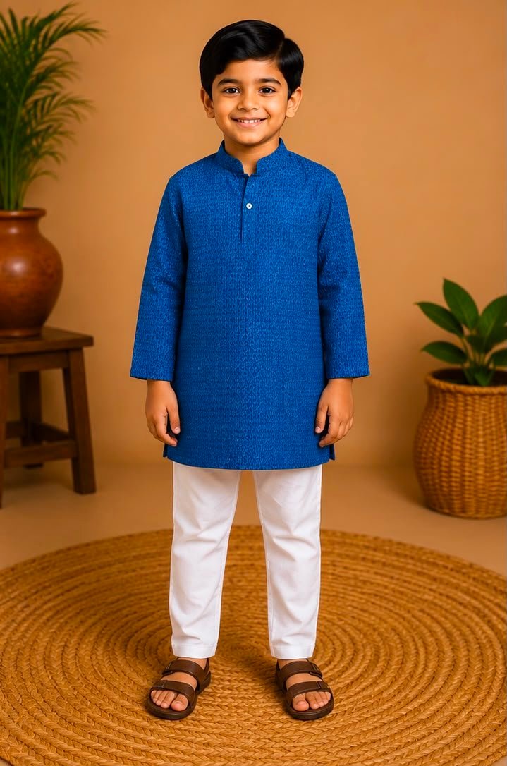 Royal Blue Textured Kurta & Pants Set