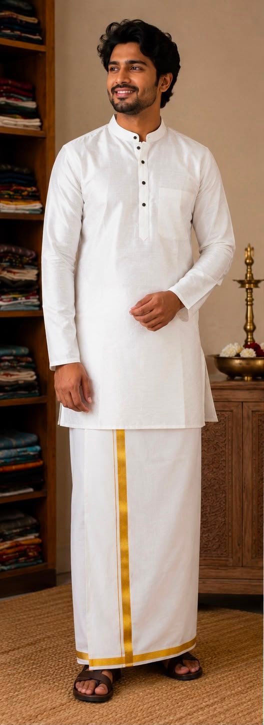 White Textured Kurta & Dhoti Set - Image 2