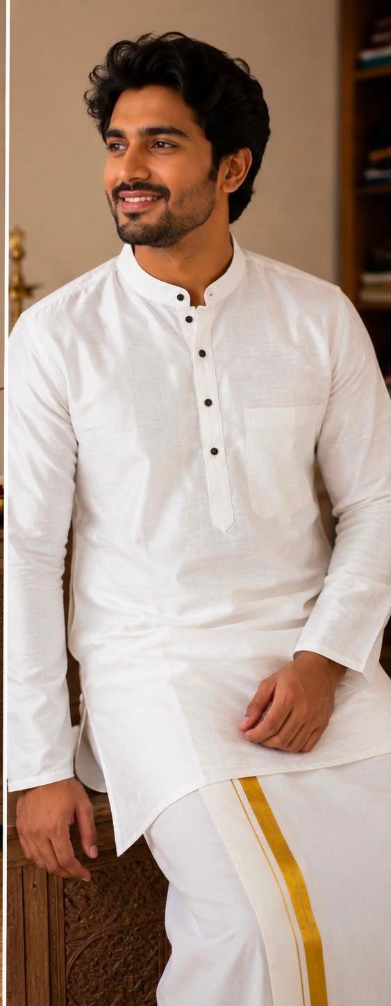 White Textured Kurta & Dhoti Set