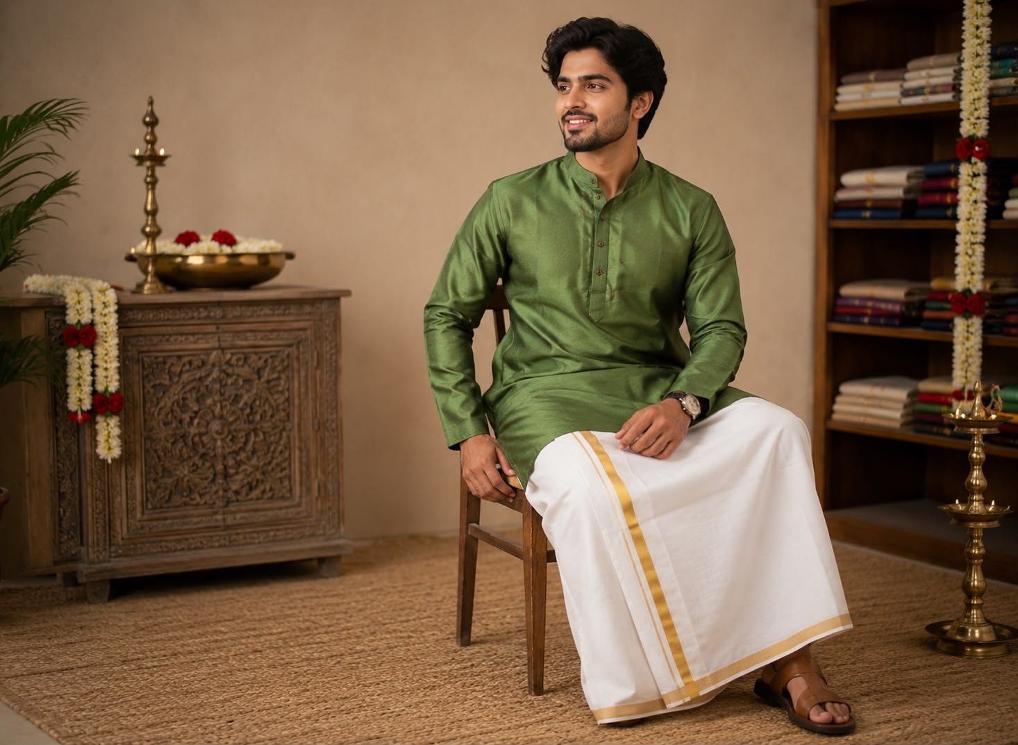 Men's Olive Green Textured Kurta & Dhoti Set - Image 2