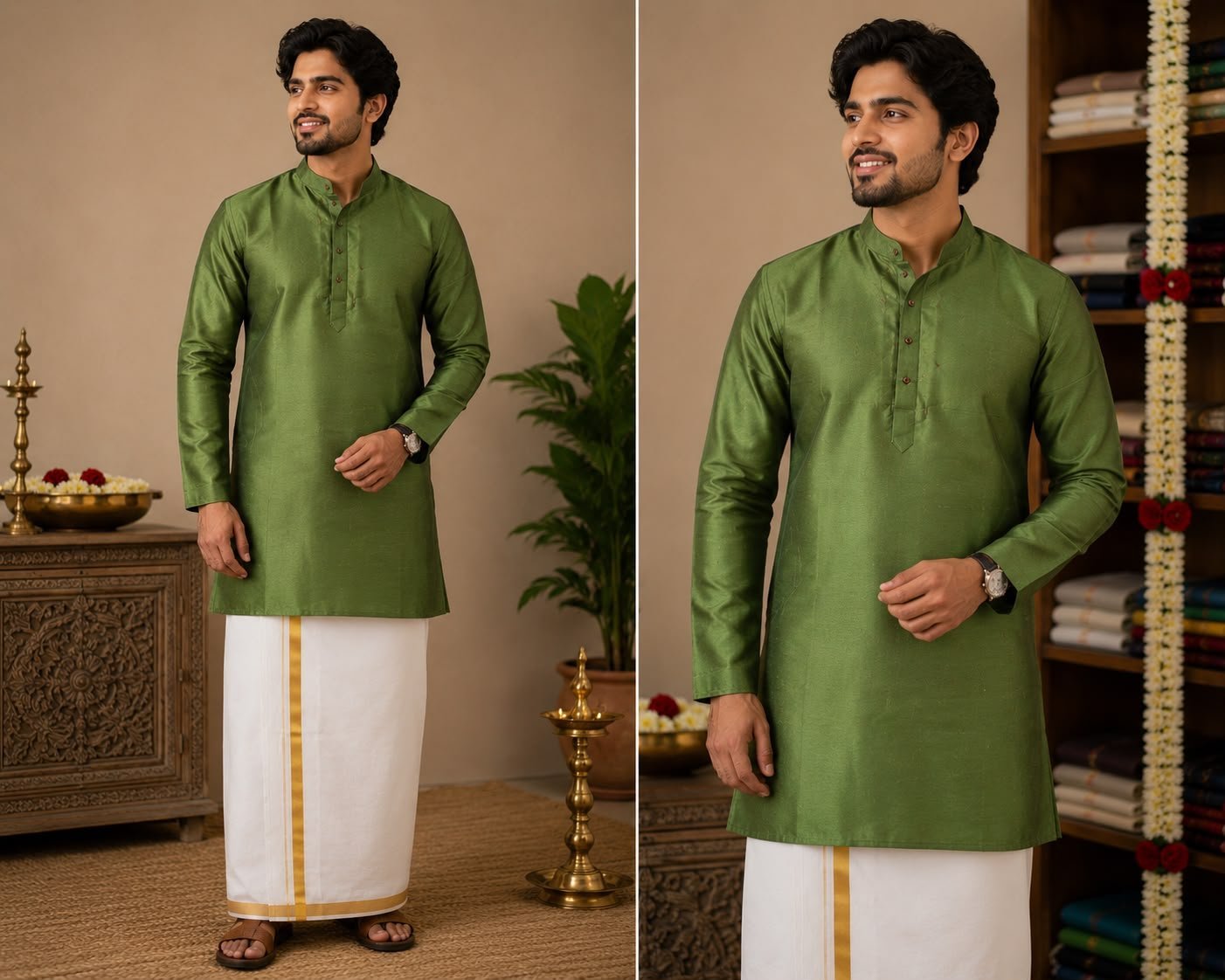 Men's Olive Green Textured Kurta & Dhoti Set