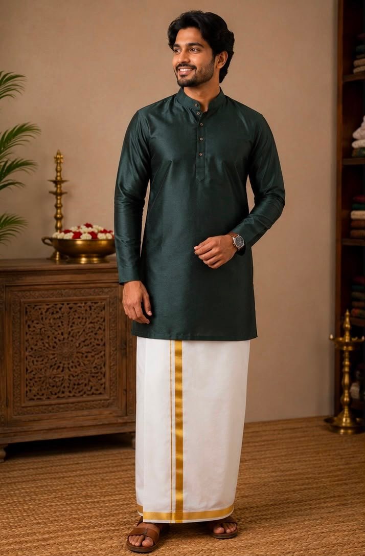 Dark Green Textured Kurta & Dhoti Set