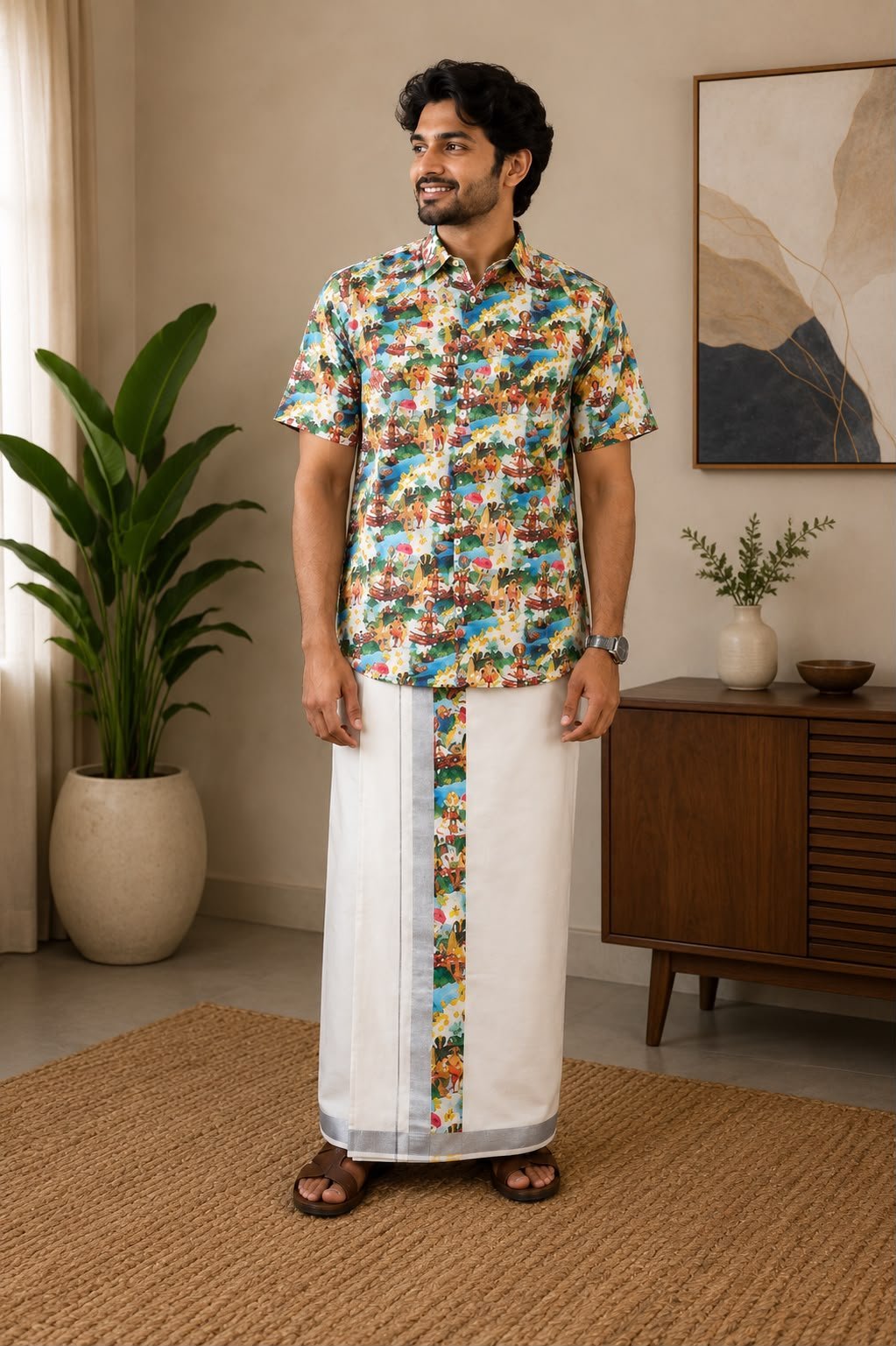 Traditional Printed Shirt & Dhoti Combo Set - Image 2