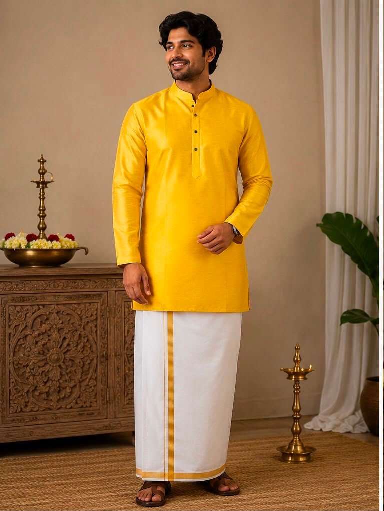Men's Yellow Solid Kurta & Dhoti Set