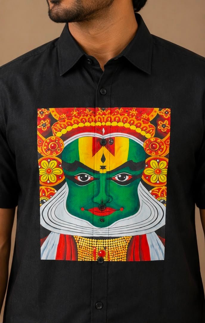 Black Kathakali Print Shirt & Dhoti Combo Set