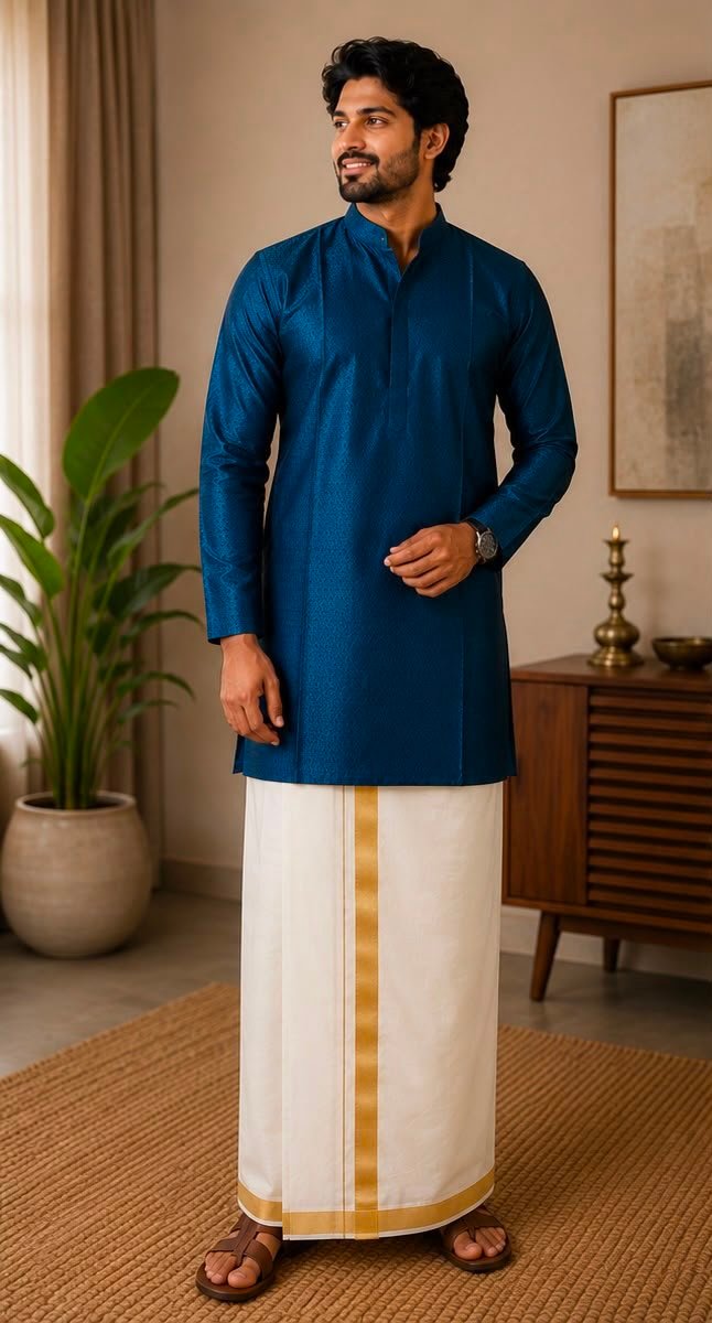 Navy Blue Silk Blend Kurta & Dhoti Set