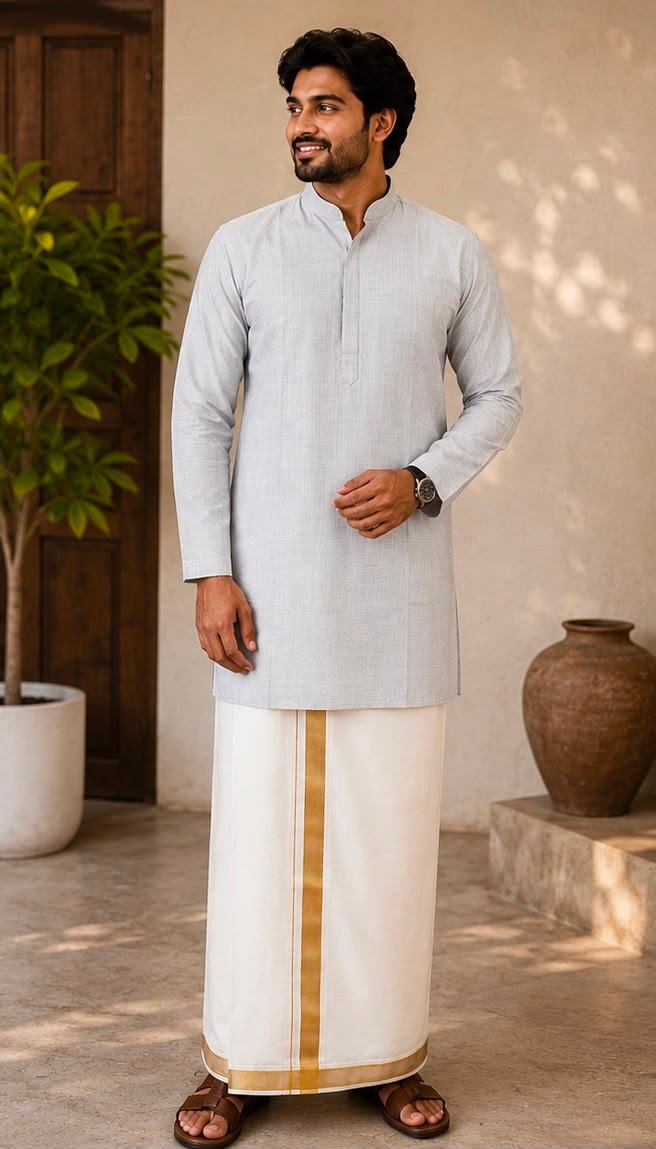 Men's Light Grey Textured Kurta & Dhoti Set