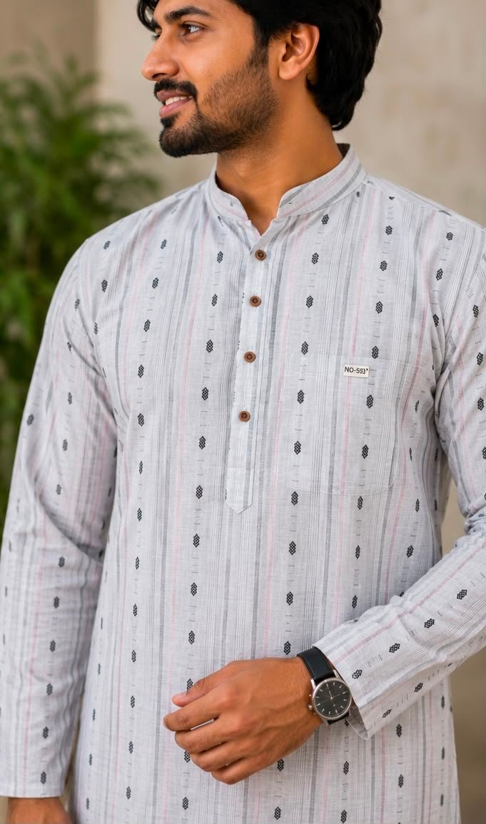 Men's Off-White Printed Kurta with Dhoti - Image 2