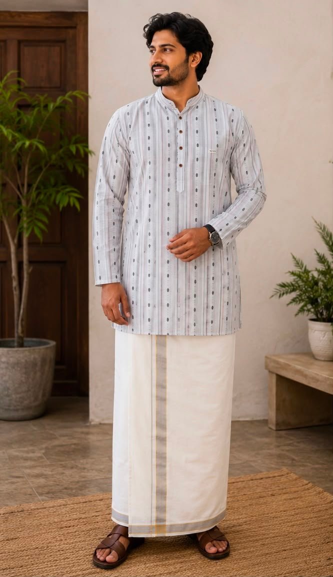Men's Off-White Printed Kurta with Dhoti