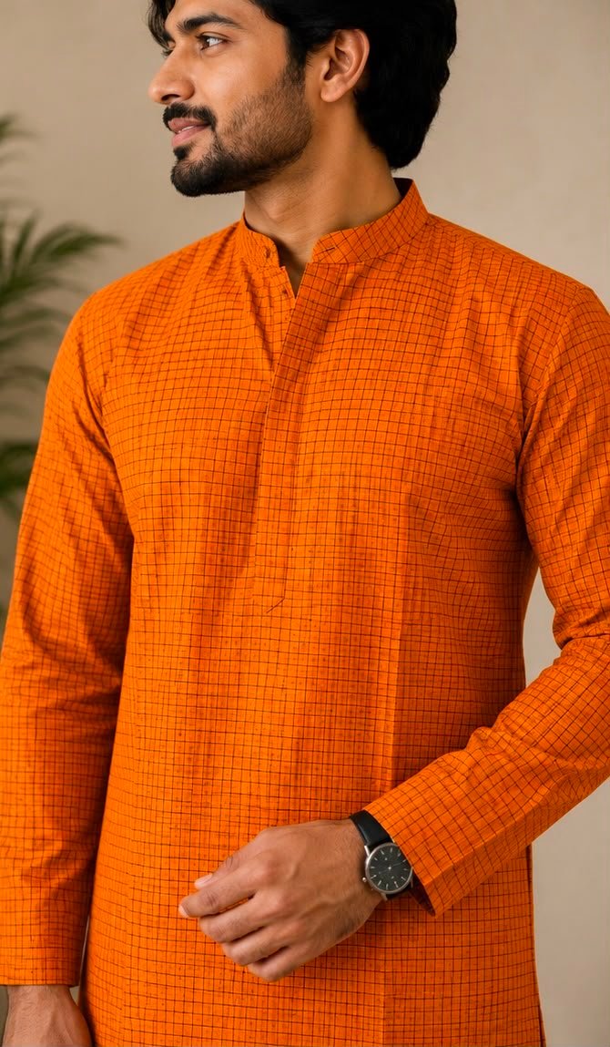 Orange Checkered Kurta & Dhoti Set - Image 2