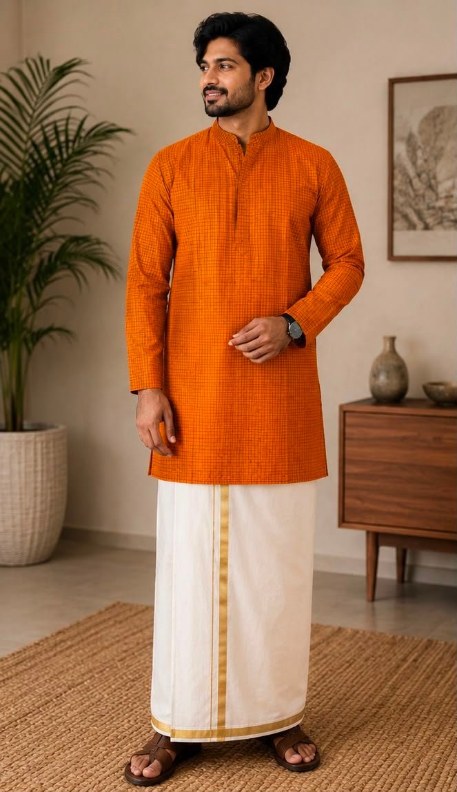 Orange Checkered Kurta & Dhoti Set