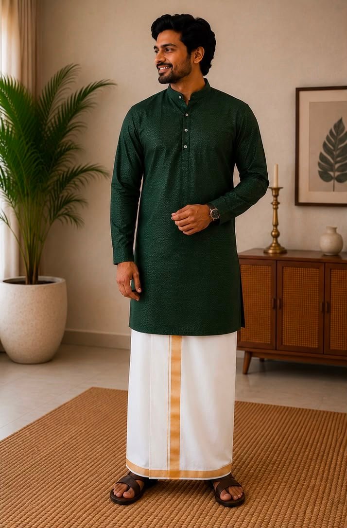Bottle Green Self-Patterned Kurta & Dhoti Set