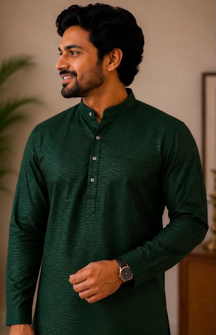 Bottle Green Self-Patterned Kurta & Dhoti Set - Image 2