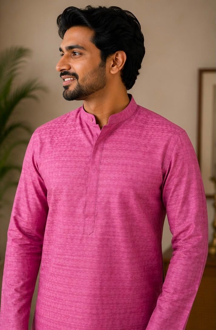 Pink Self-Patterned Kurta & Dhoti Set