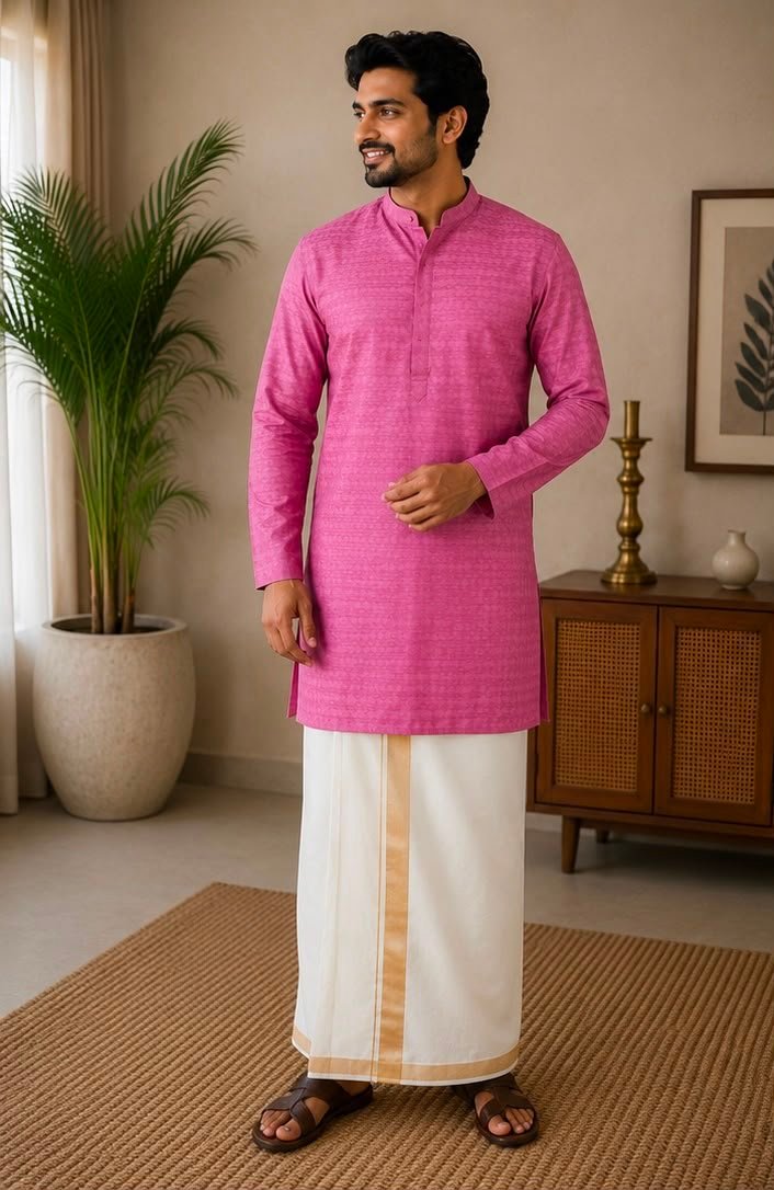 Pink Self-Patterned Kurta & Dhoti Set - Image 2