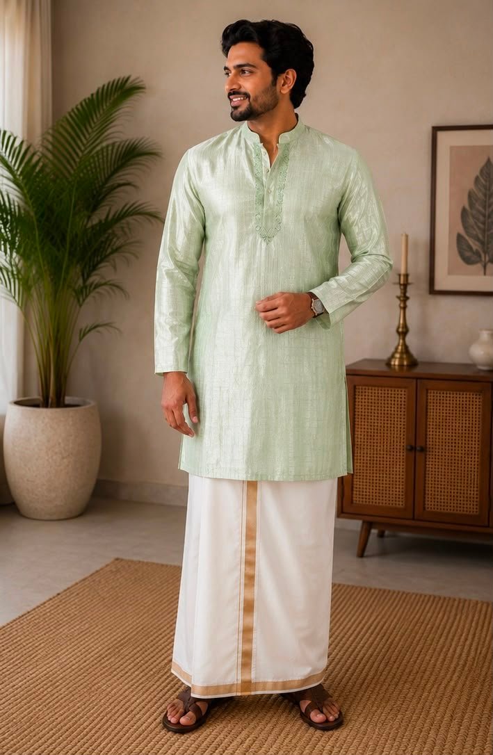 Mint Green Embroidered Silk Blend Kurta & Dhoti Set