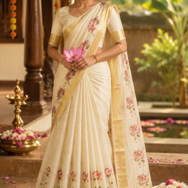 Lotus Bloom Kerala Kasavu Saree