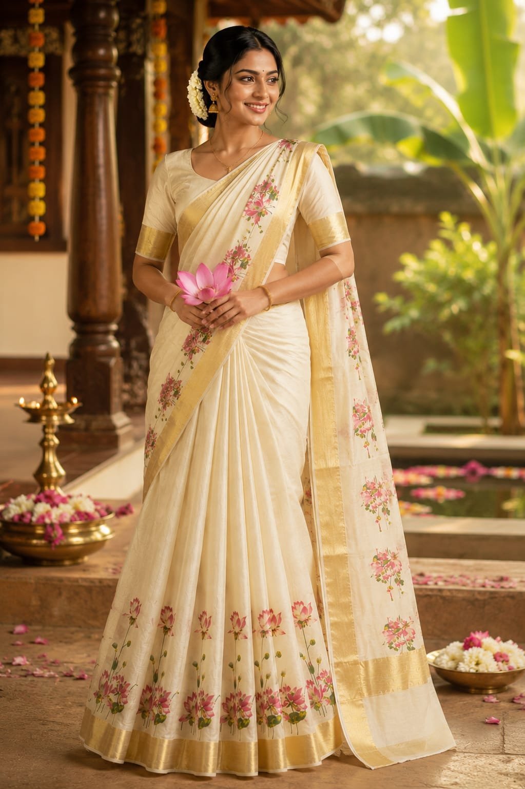 Lotus Bloom Kerala Kasavu Saree