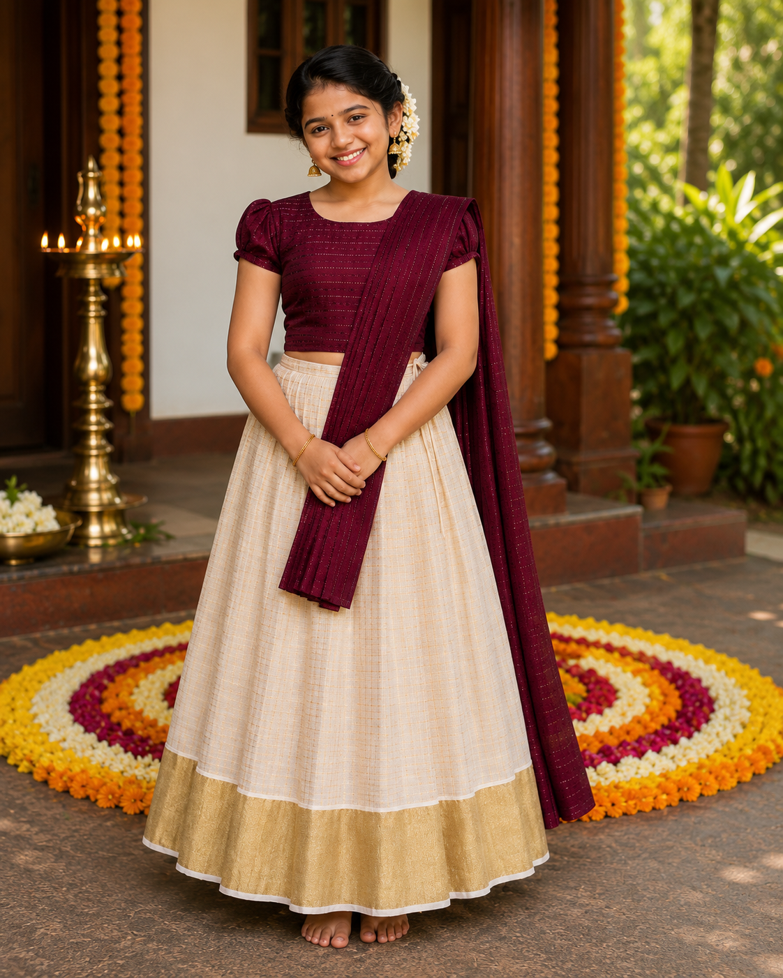 Maroon Kerala Davani Set for Girls