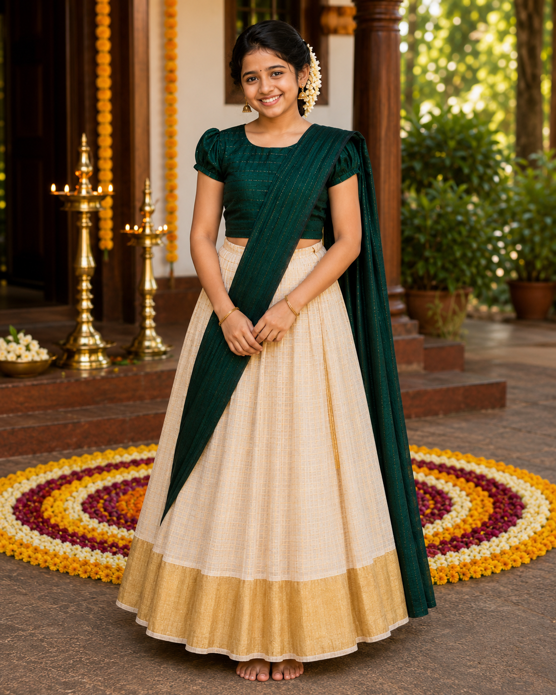 Green Kerala Davani Set for Girls