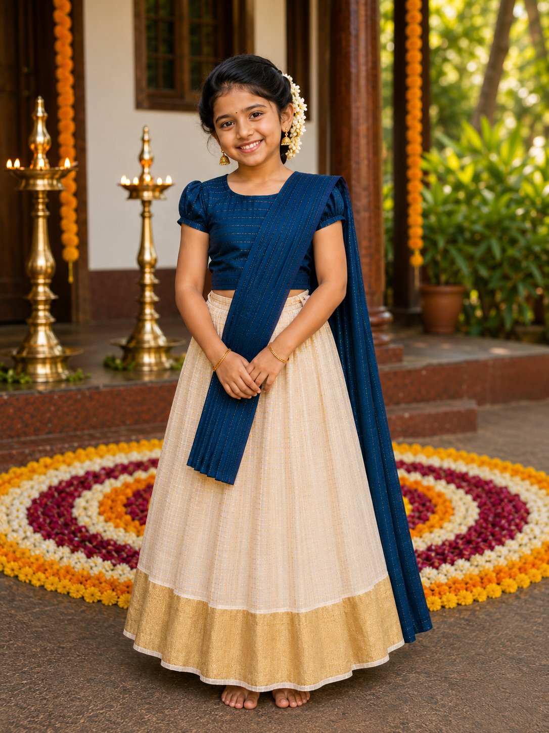 Peacock Blue Kerala Davani Set for Girls