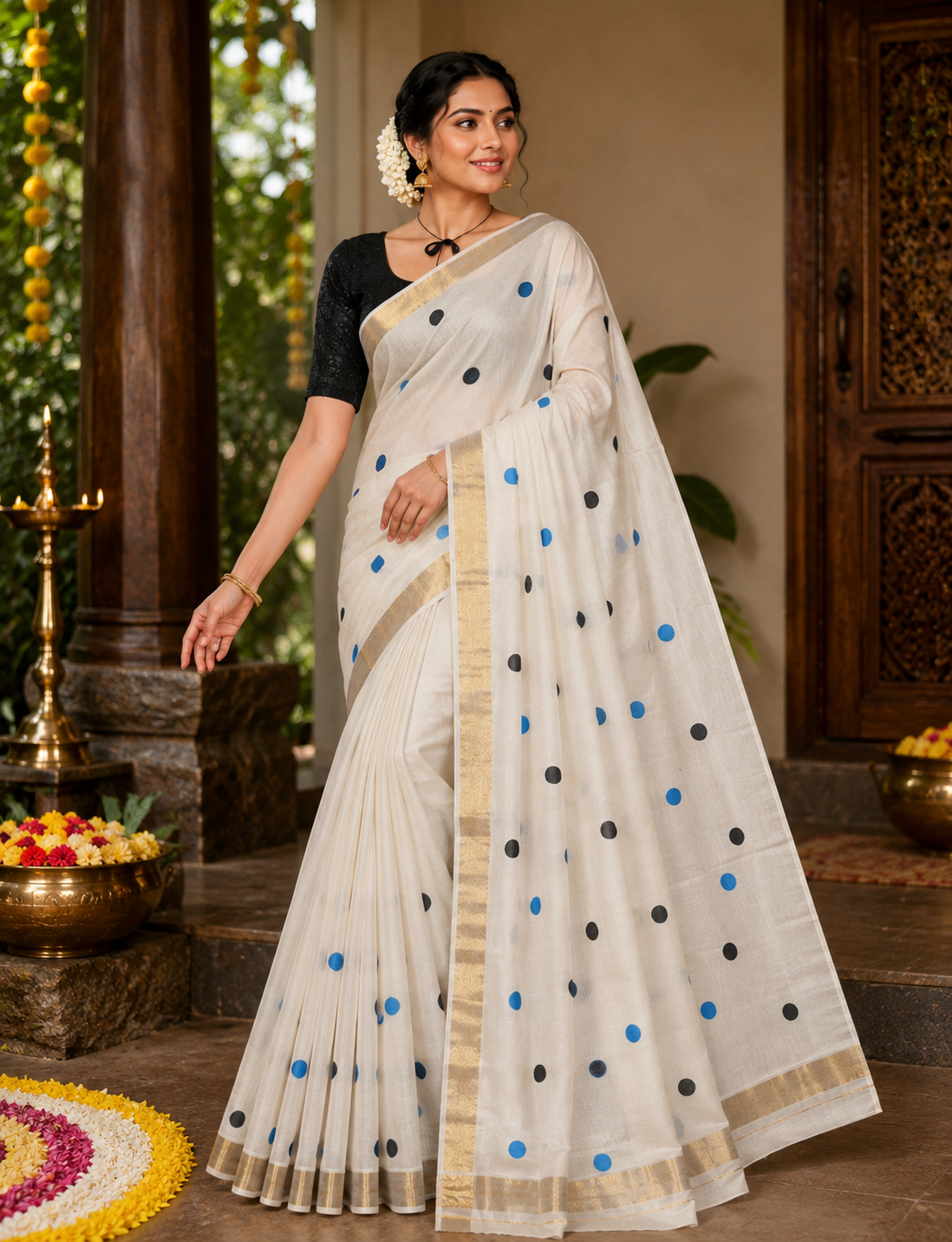 Classic Polka Dot Kasavu Saree