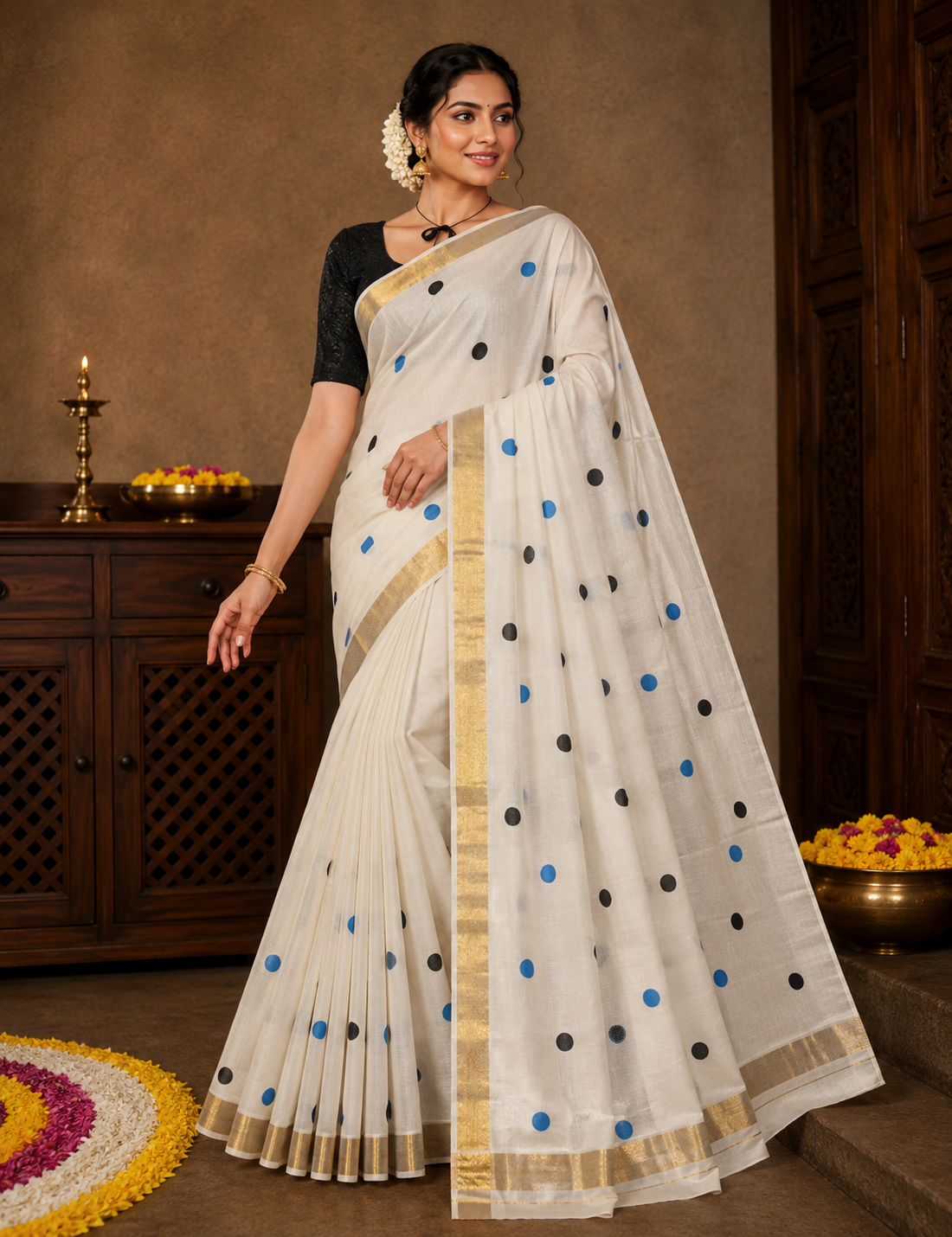 Classic Polka Dot Kasavu Saree - Image 2