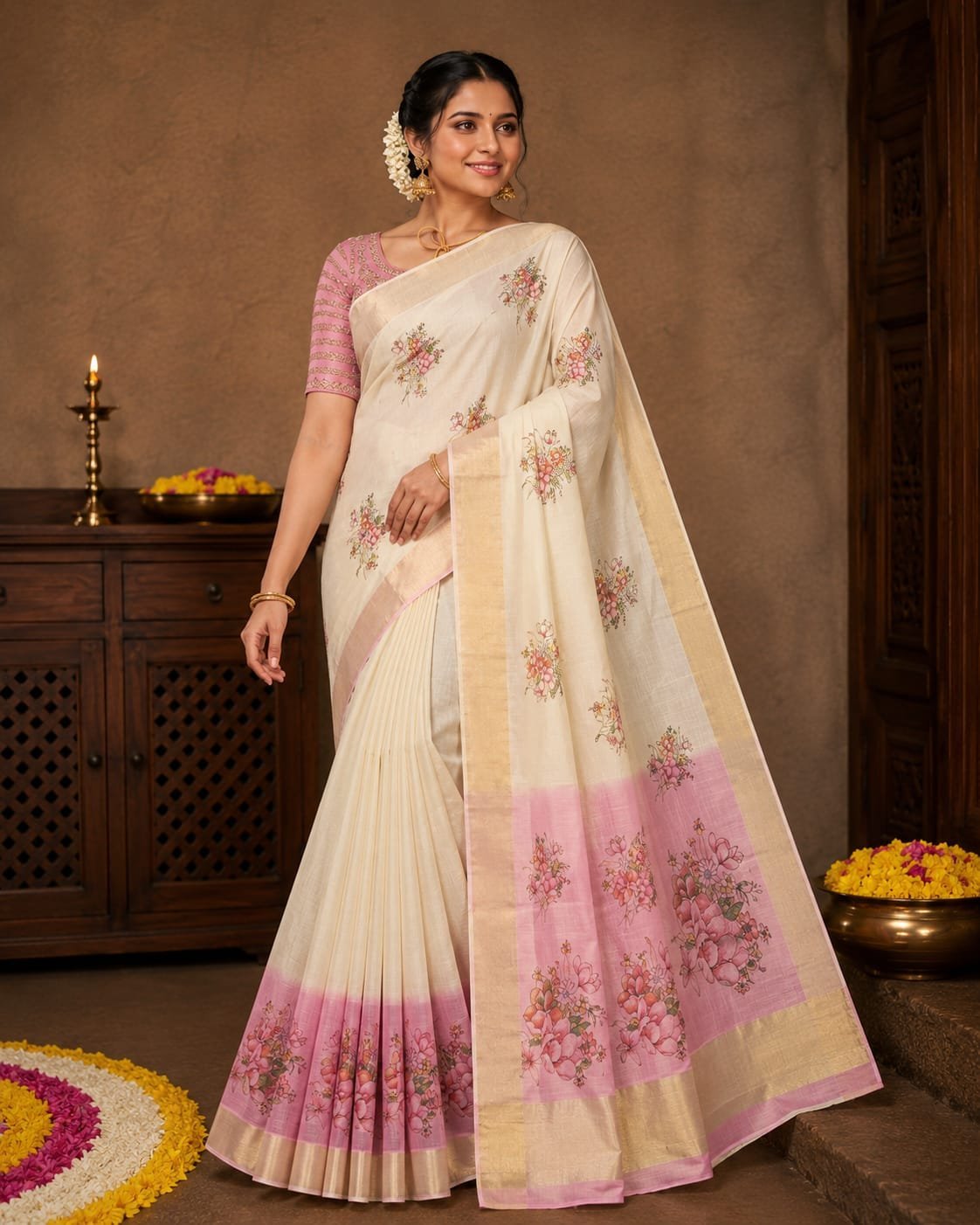 Blush Floral Kasavu Saree