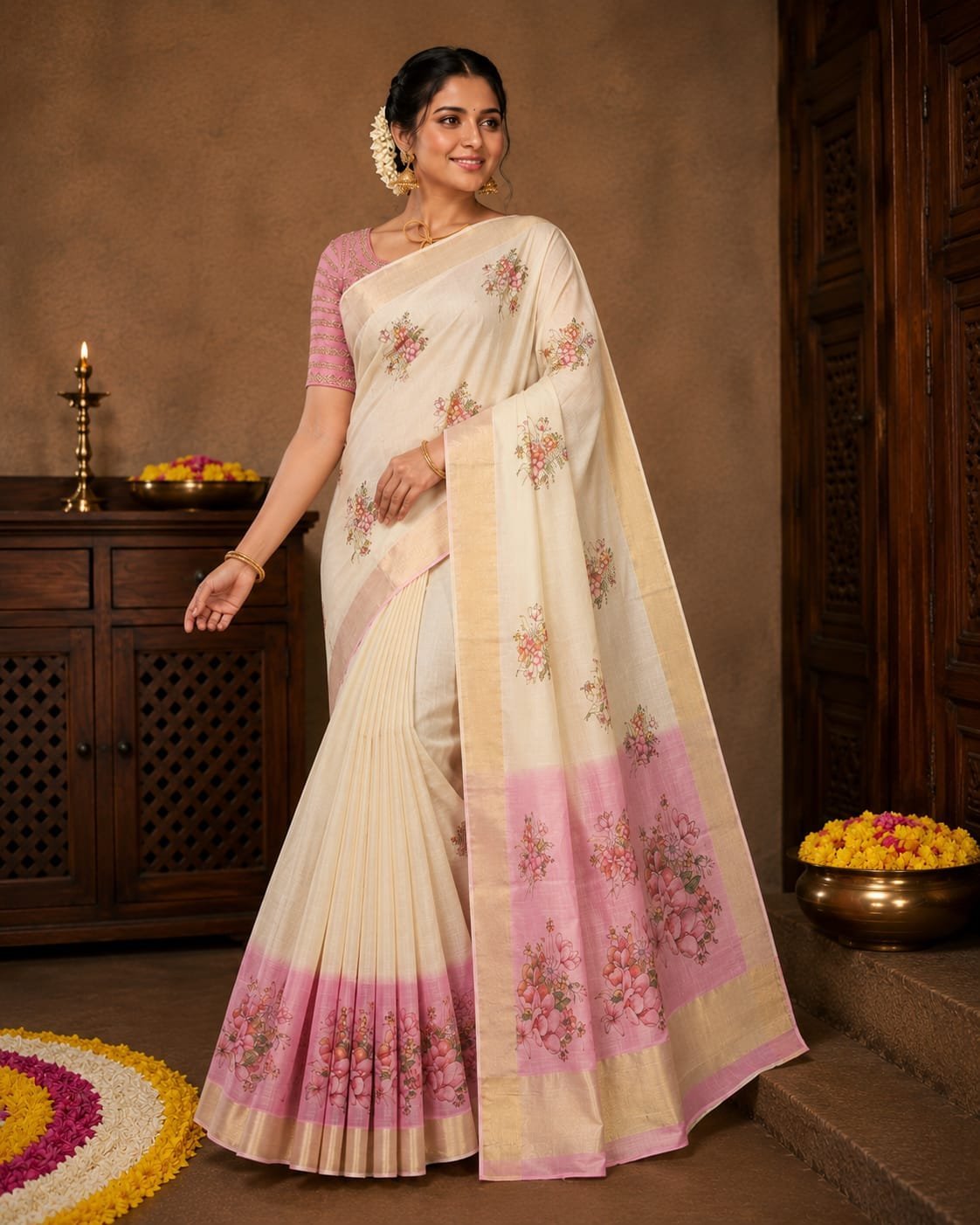 Blush Floral Kasavu Saree - Image 2
