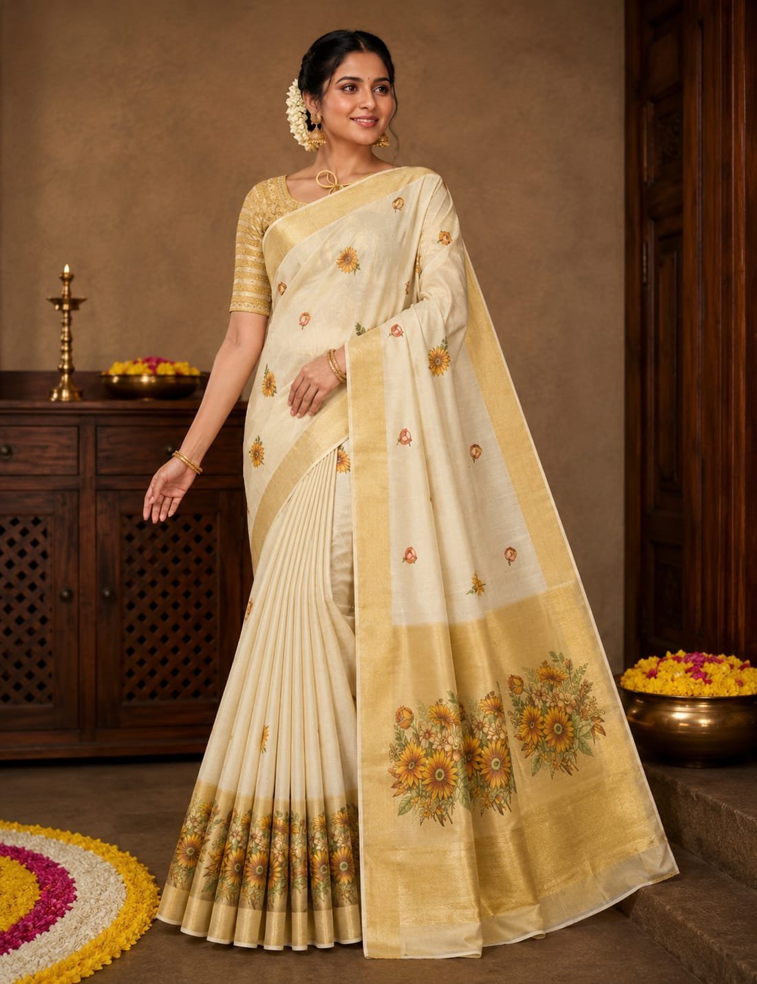 Sunflower Bloom Kasavu Saree