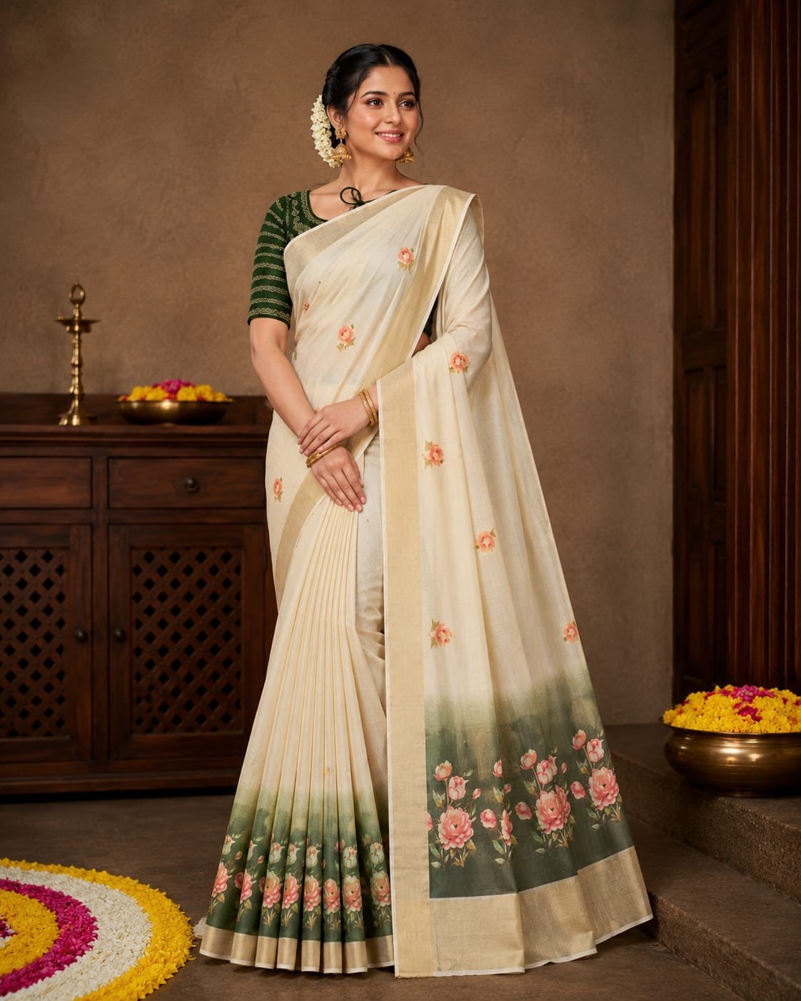 Rose Garden Kasavu Saree