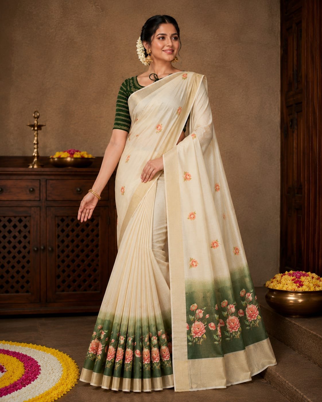 Rose Garden Kasavu Saree - Image 2