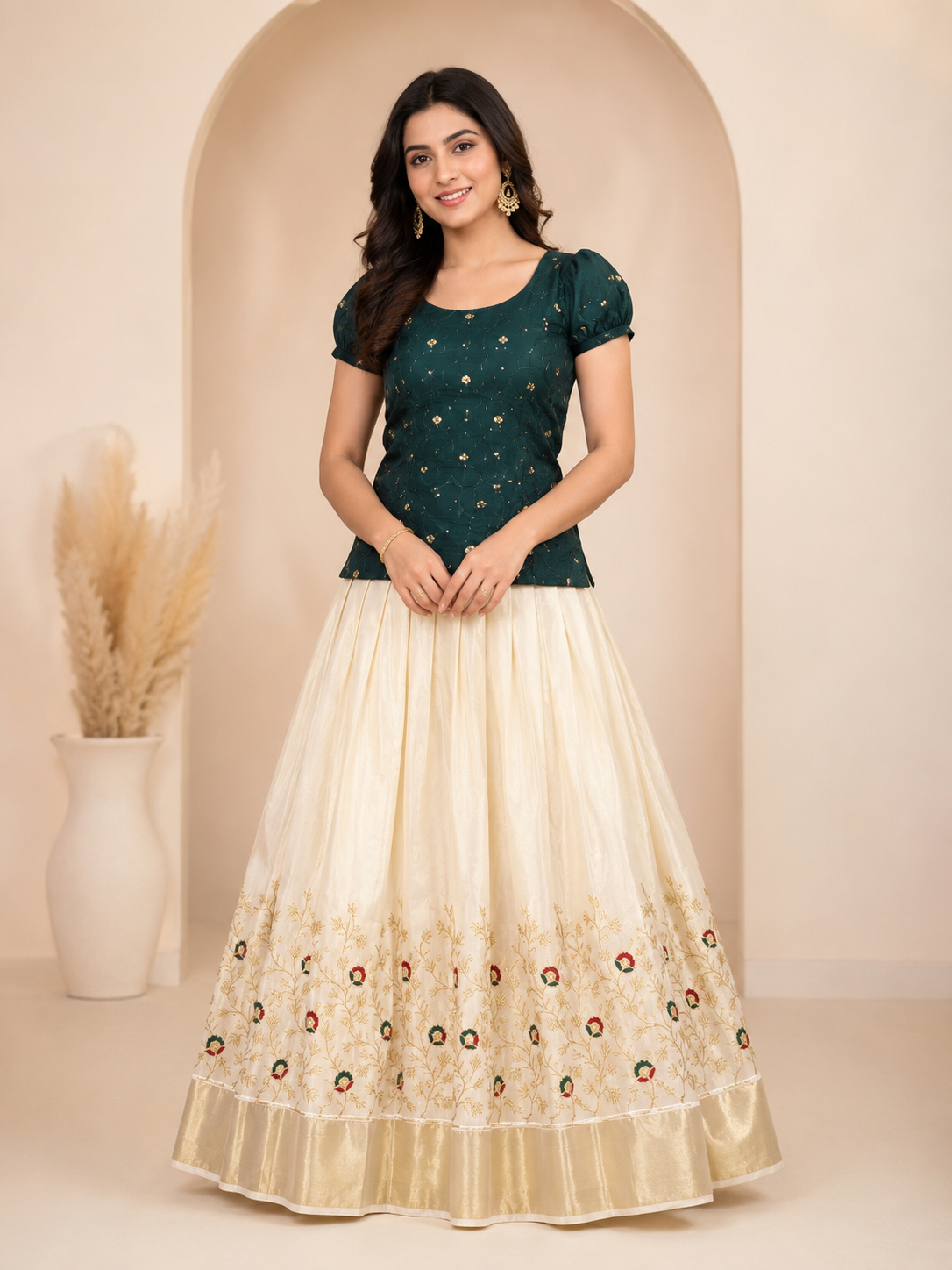 Dark Green and Cream Floral Ethnic Set