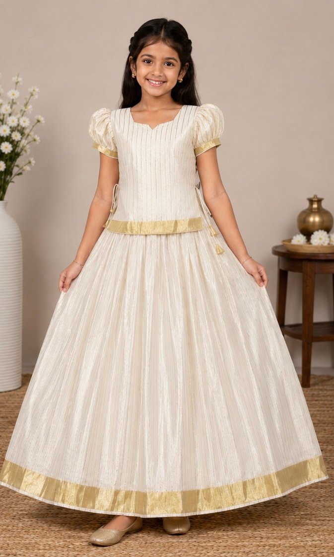 Shimmering Gold-Striped Cream Ethnic Set