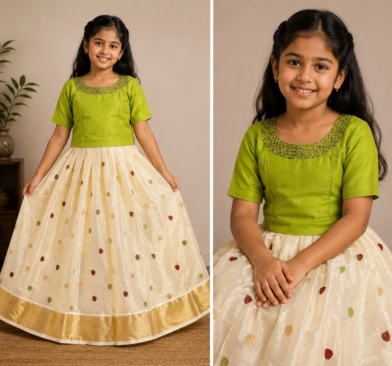 Lime Green and Cream Pattu Pavadai Set