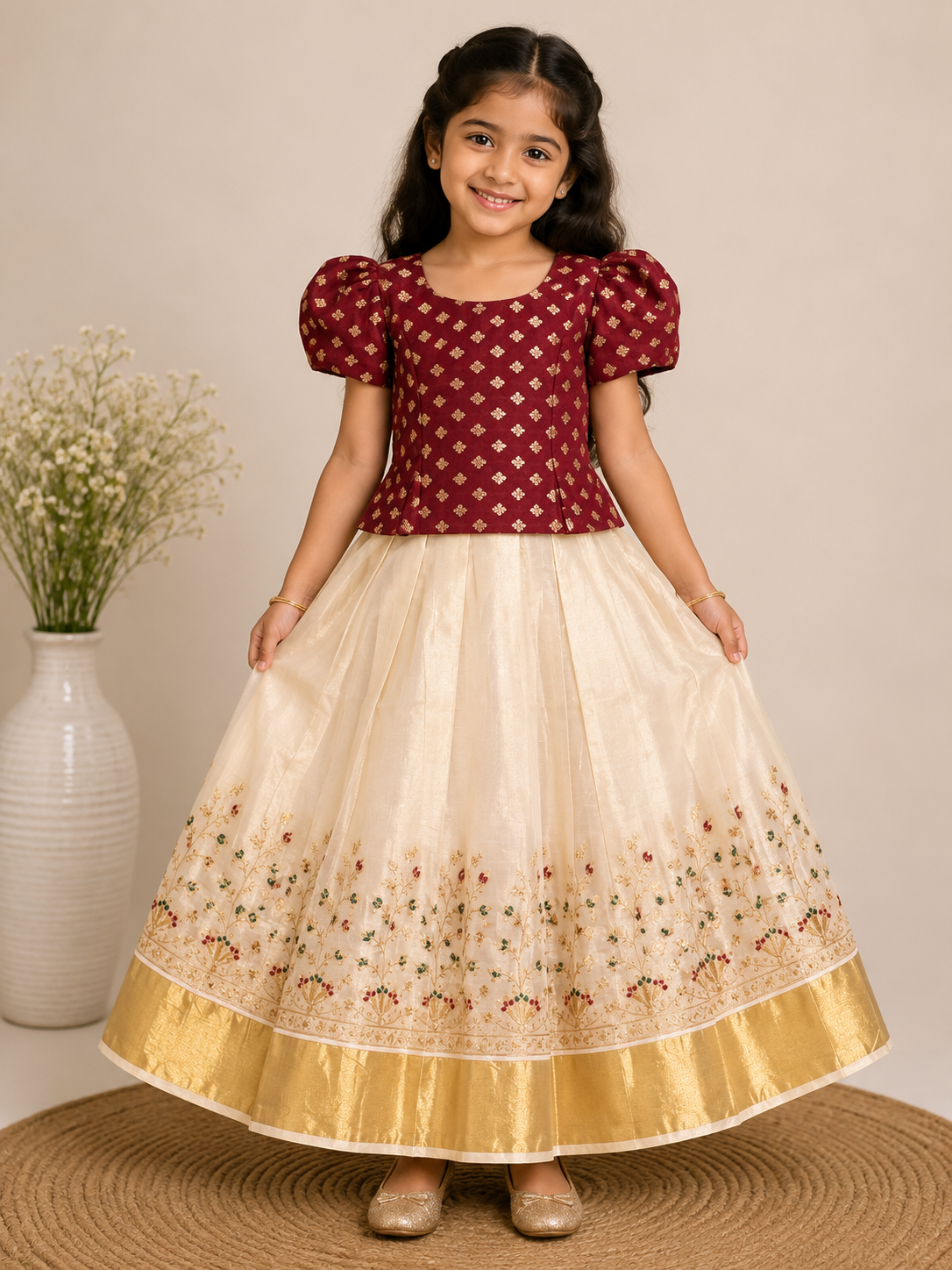 Maroon & Cream Embroidered Pattu Pavada