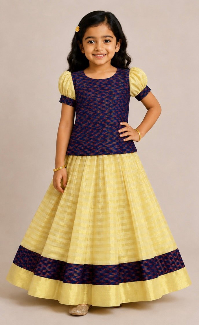 Navy Blue & Yellow Checkered Pattu Pavada