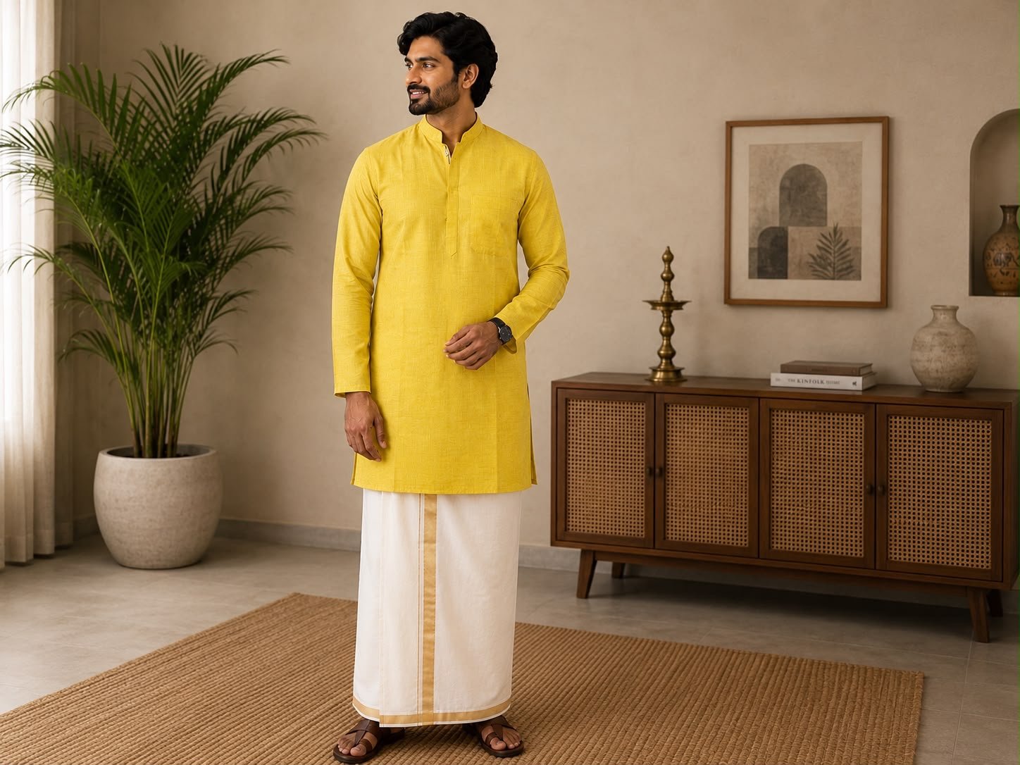 Men's Lemon Yellow long Kurta & Dhoti Set