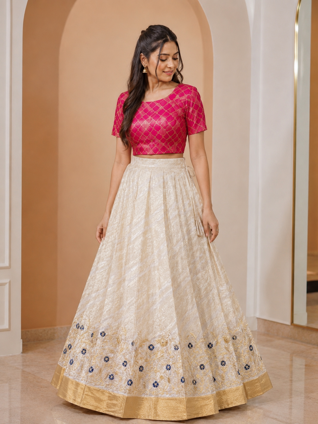 Pink Lattice Print and Cream Floral Ethnic Set