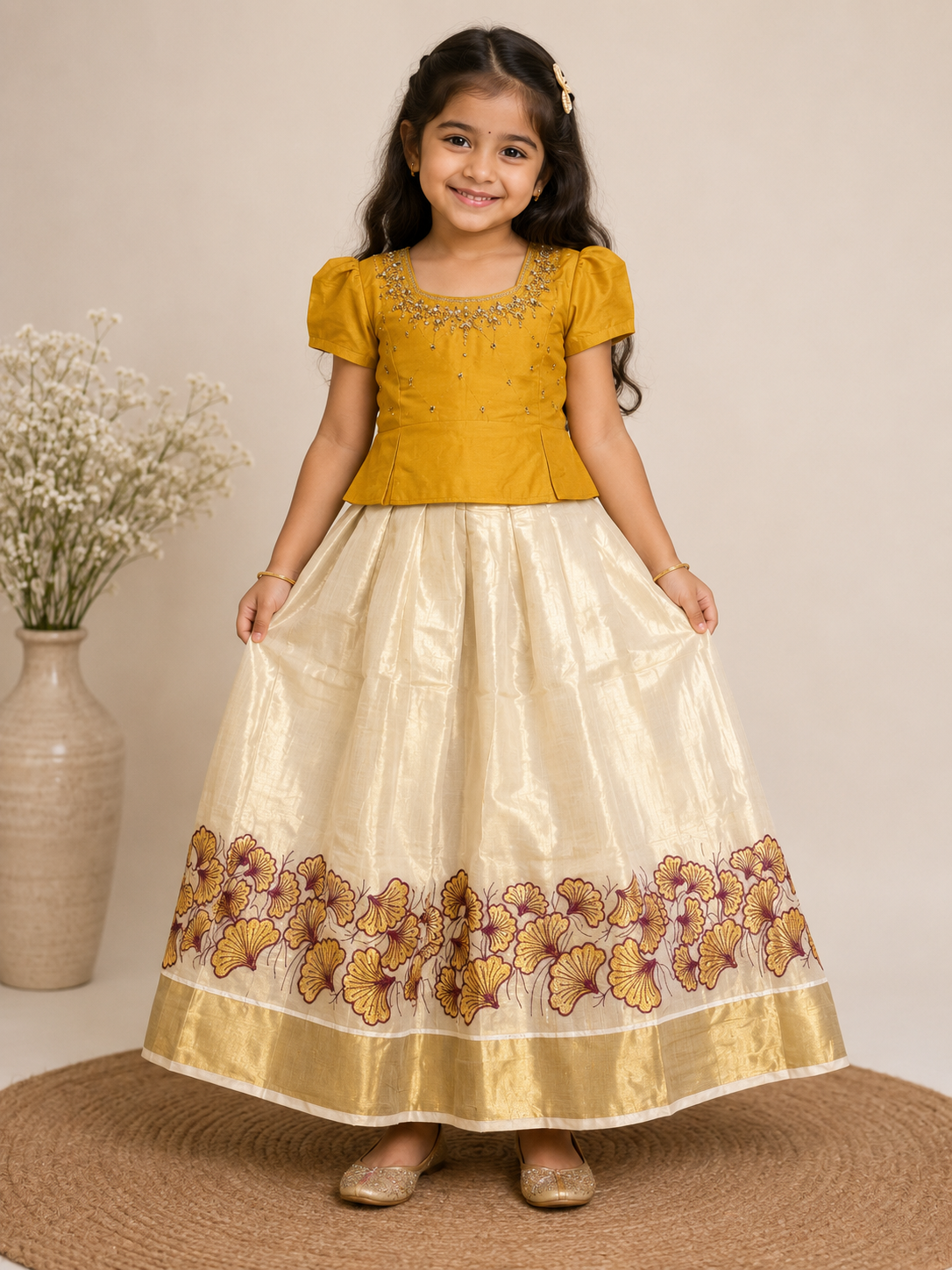 Mustard & Cream Floral Pattu Pavada