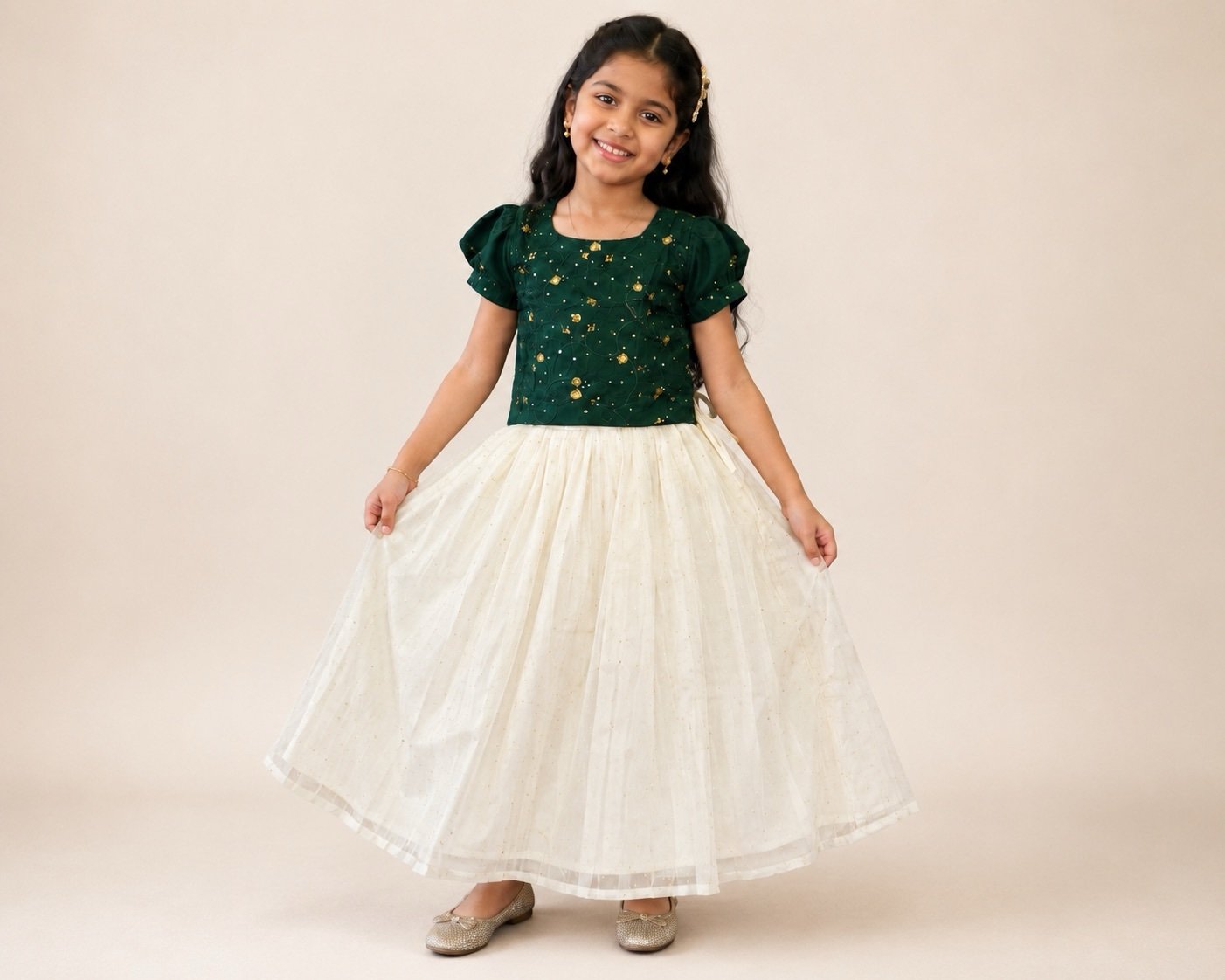 Dark Green and Cream Party-Wear Pattu Pavadai