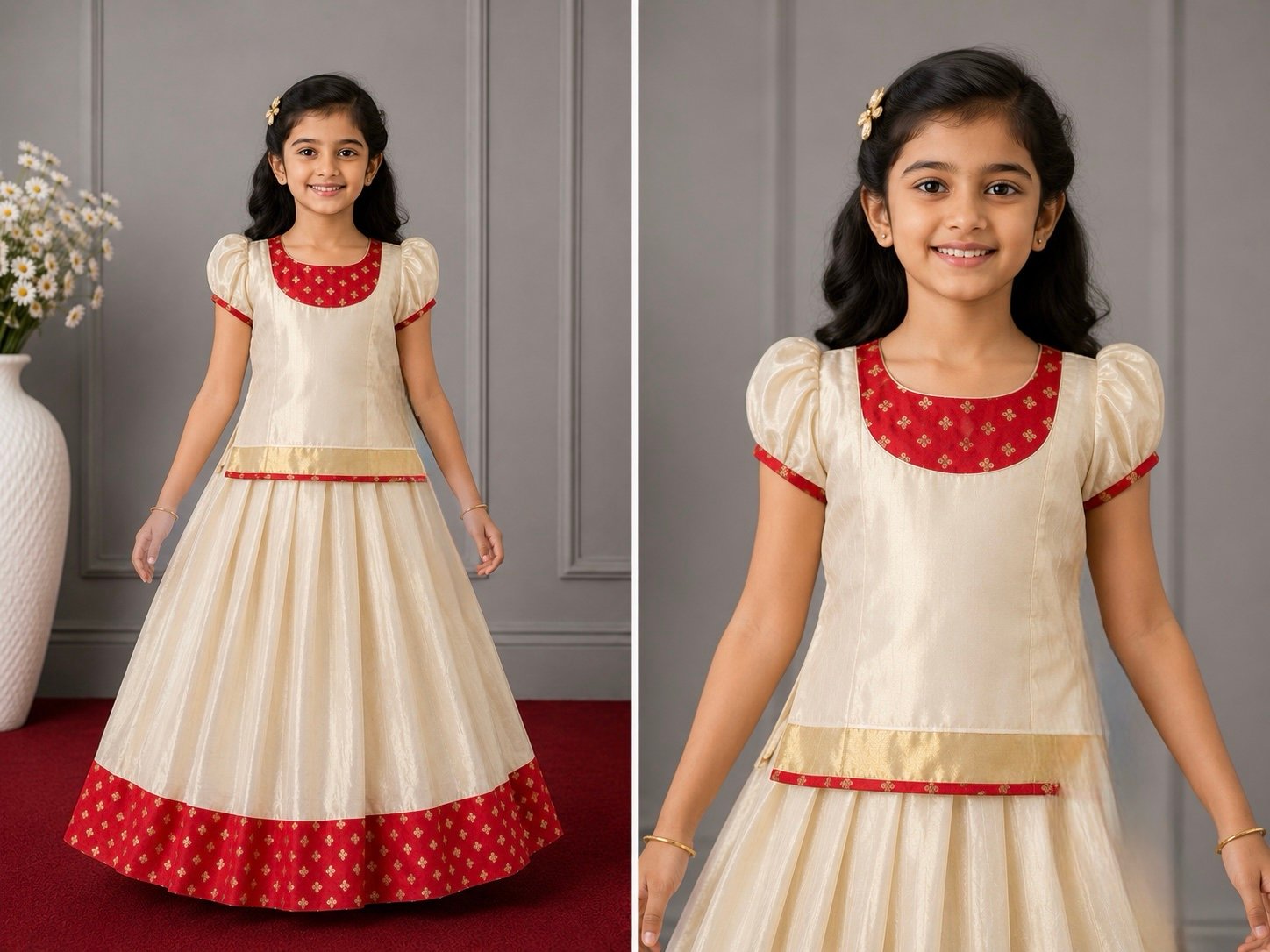 Cream & Red Traditional Pattu Pavada