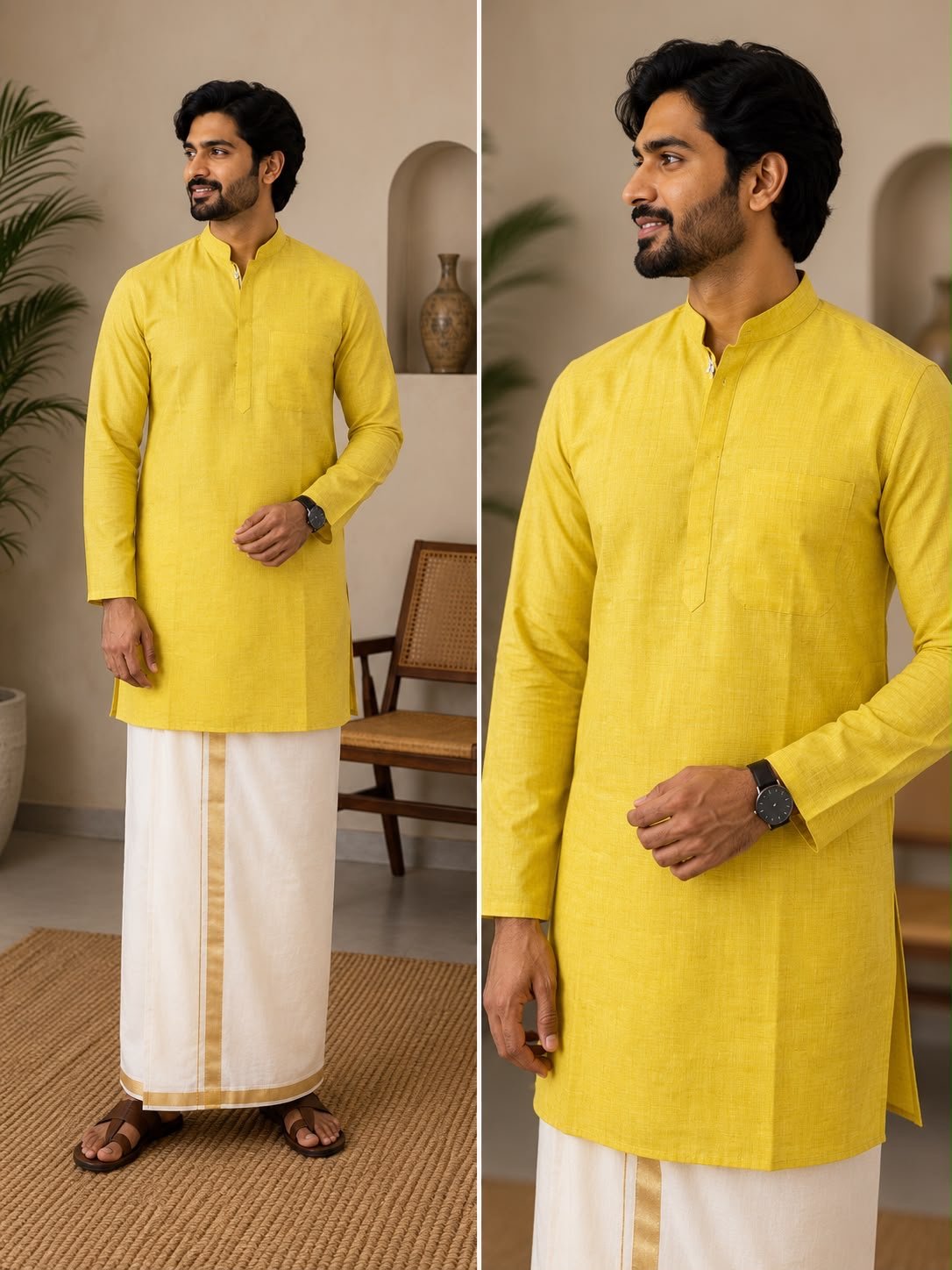 Men's Lemon Yellow long Kurta & Dhoti Set - Image 2