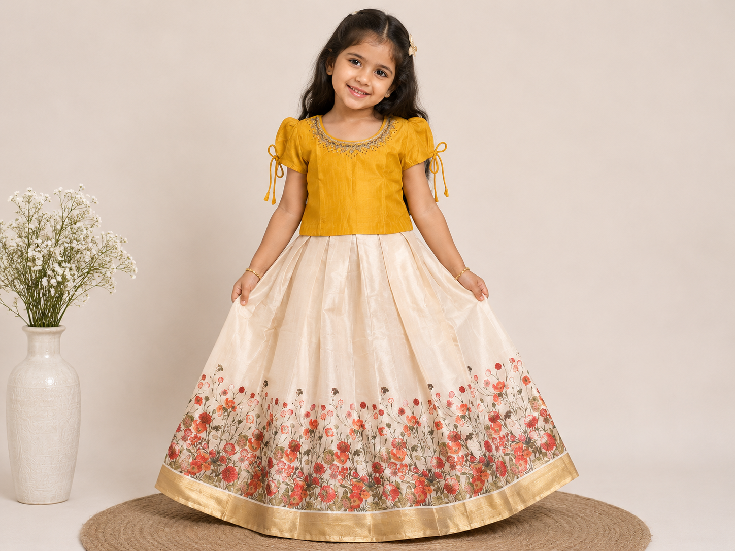 Mustard & Cream Floral Pattu Pavada