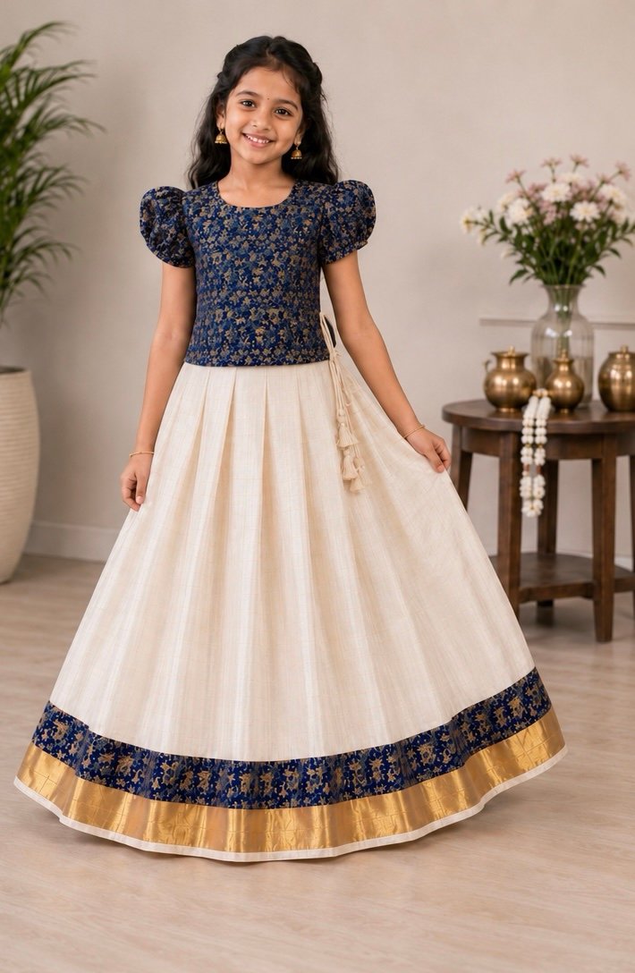Navy Blue Floral Puffed-Sleeve Ethnic Set for Kids