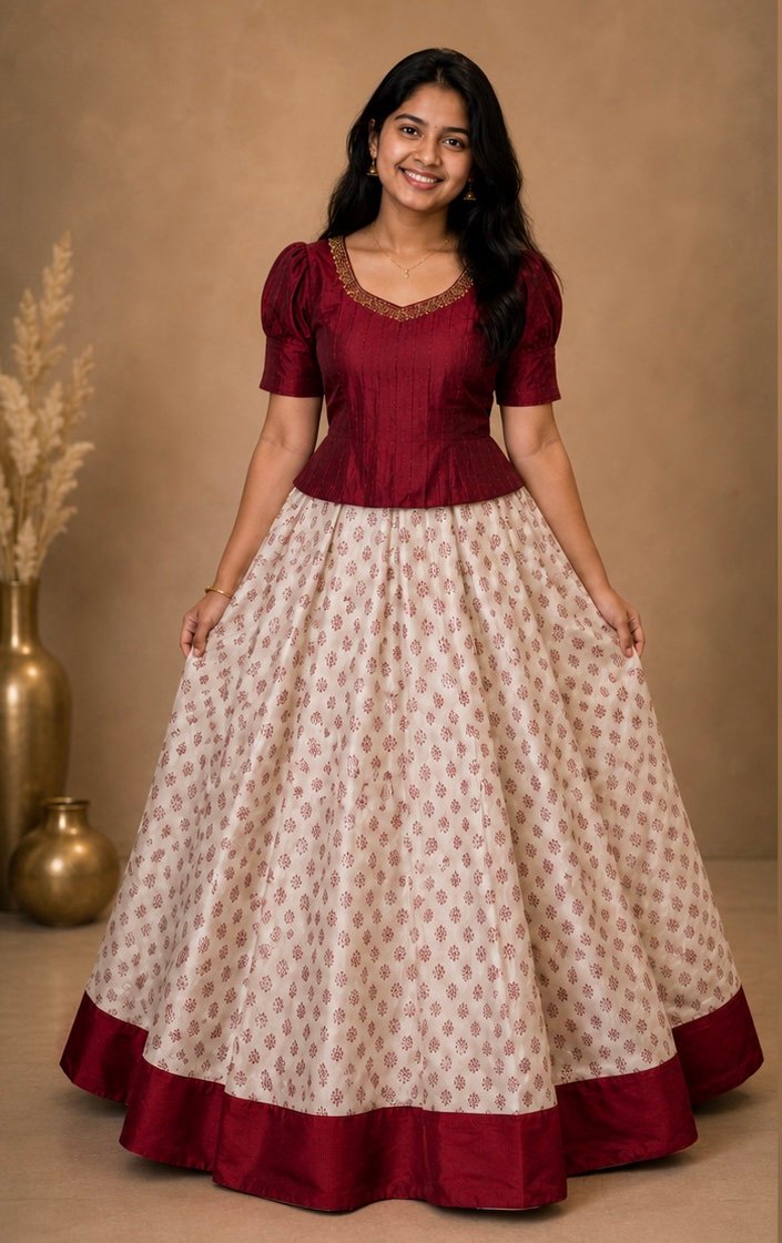 Maroon-Accented Pattu Pavada Set