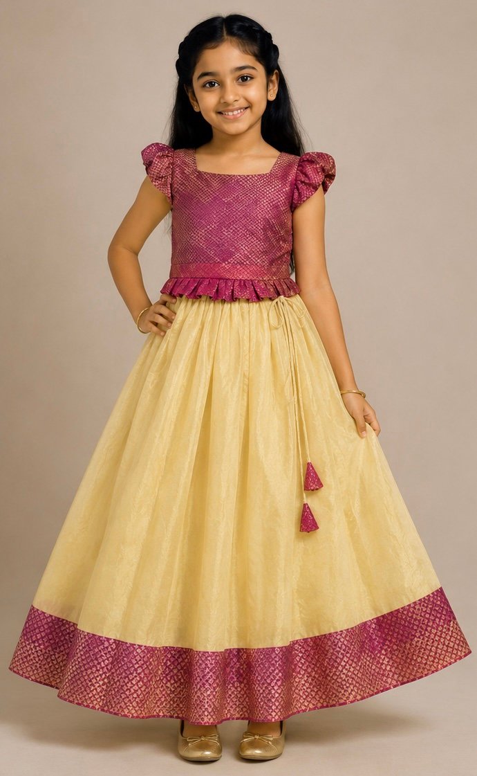 Magenta & Cream Patterned Pattu Pavada