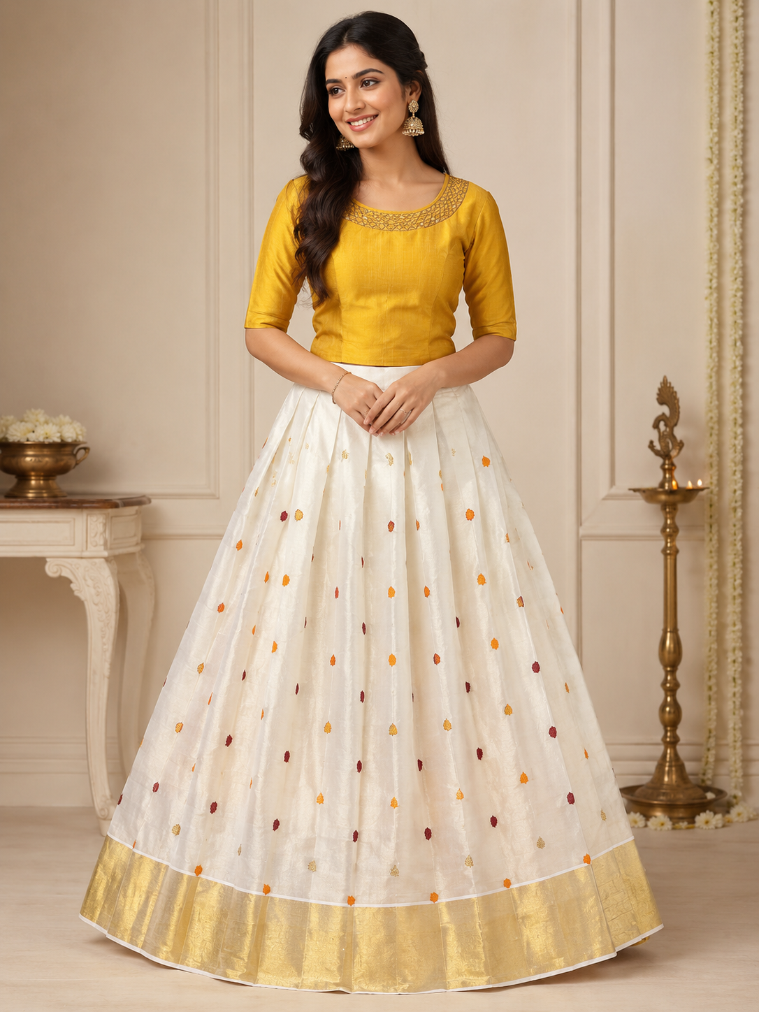 Mustard Yellow and Cream Leaf Motif Ethnic Set