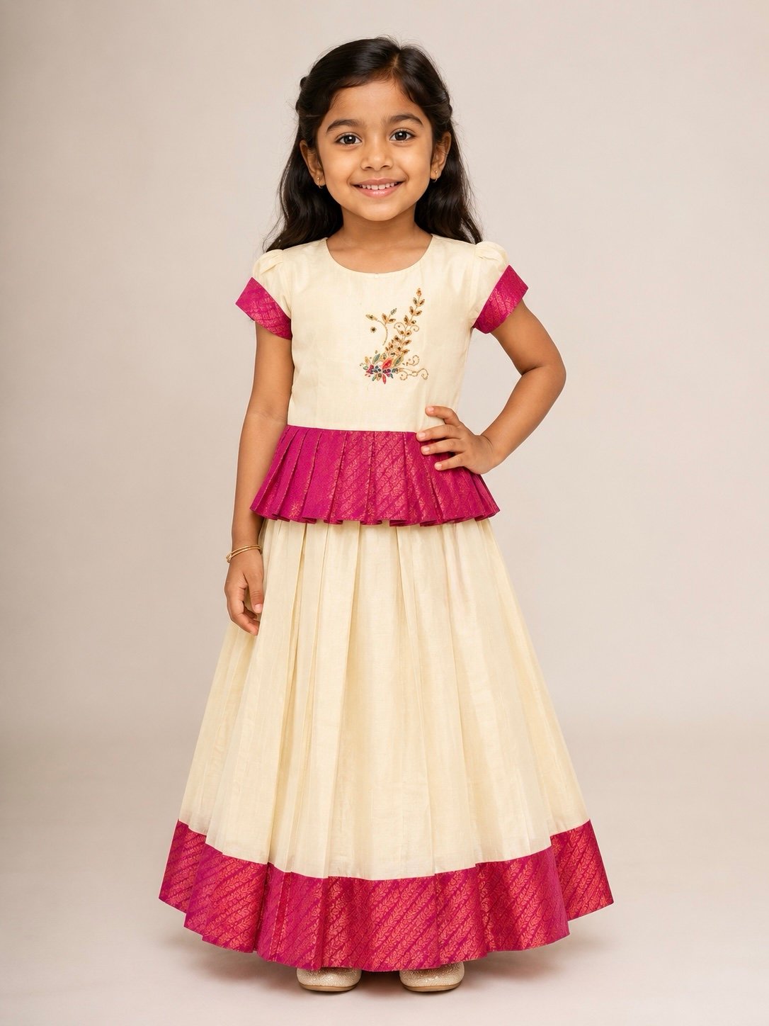 Cream & Magenta Patterned Pattu Pavada